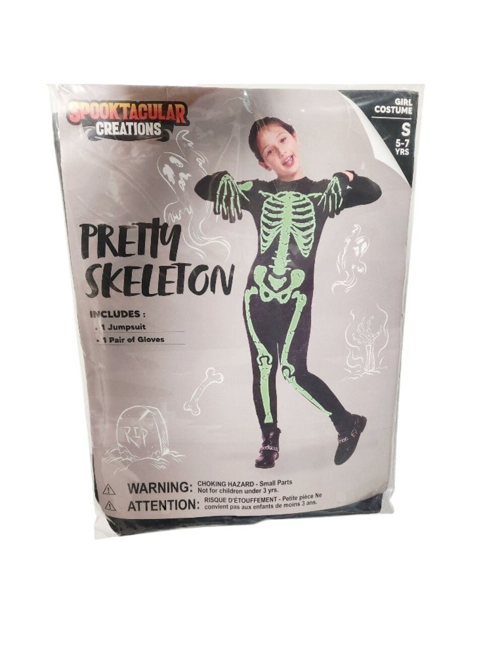 Pretty Skeleton Girl Costume Glow-In-The-Dark Jumpsuit Gloves 5-7 Yrs